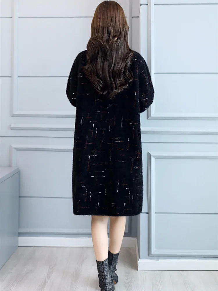 Женский свитер свободный имитация вельвета норковый кардиган длинное