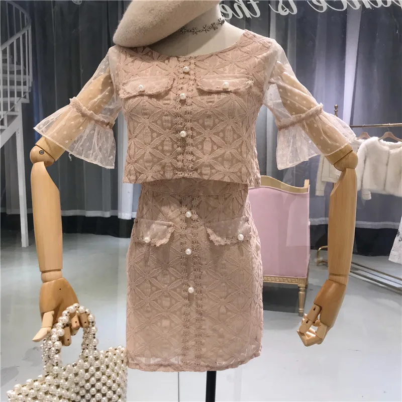Женский кружевной пуловер с жемчугом Amolapha футболка коротким рукавом + юбка