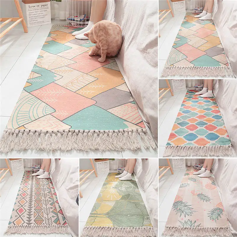 

Cotton Bedside Carpet Woven Mat Bathroom Living Room Carpets Geometric Hand Made Indian Rug Bohemian Modern Printing Rug