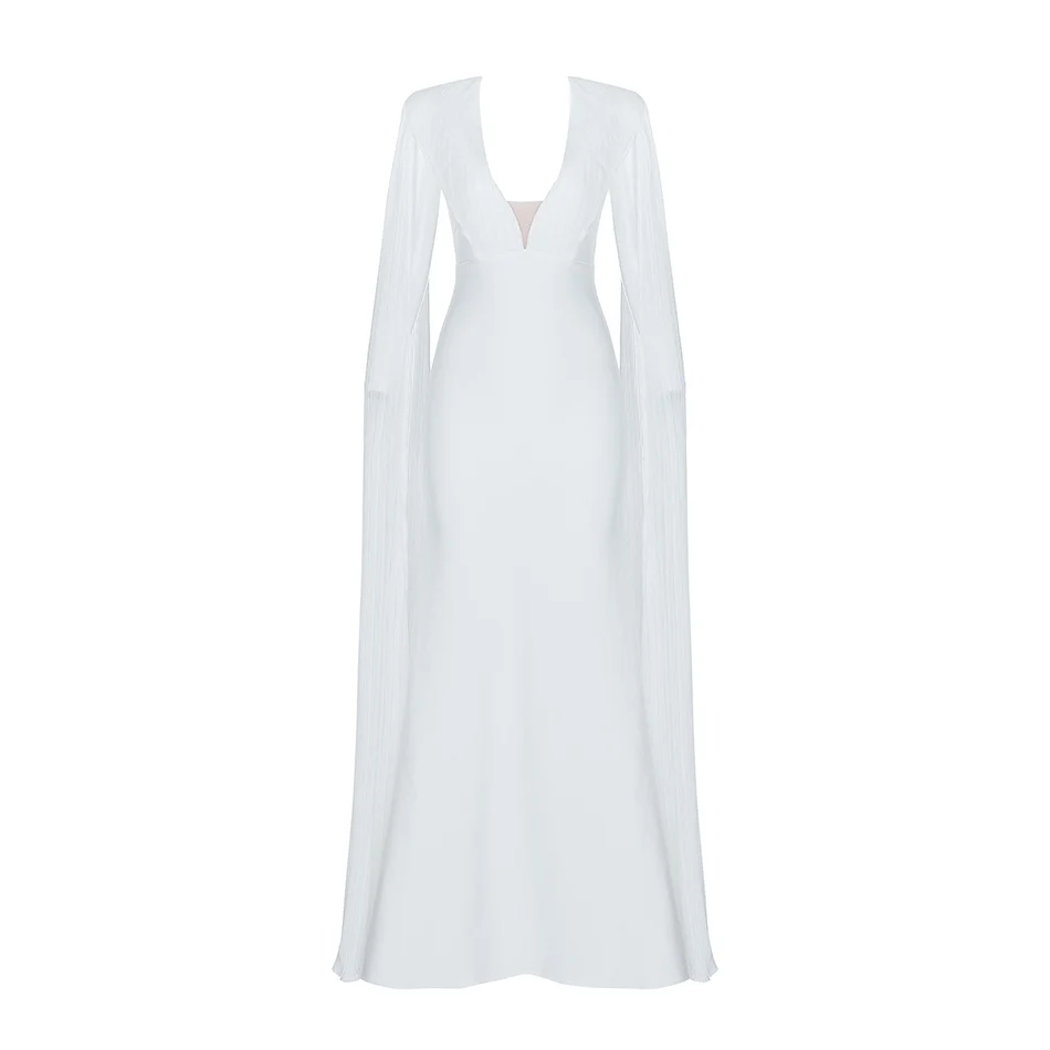 Женское платье с длинным рукавом Белое Облегающее и глубоким вырезом вечернее