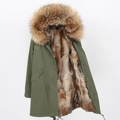 green coat OFTBUY пальто с натуральным мехом, зимняя куртка, Женское пальто, воротник из натурального меха енота, длинная парка с подкладкой из кроличьего меха, уличная одежда, новинка - Цвет: green coat