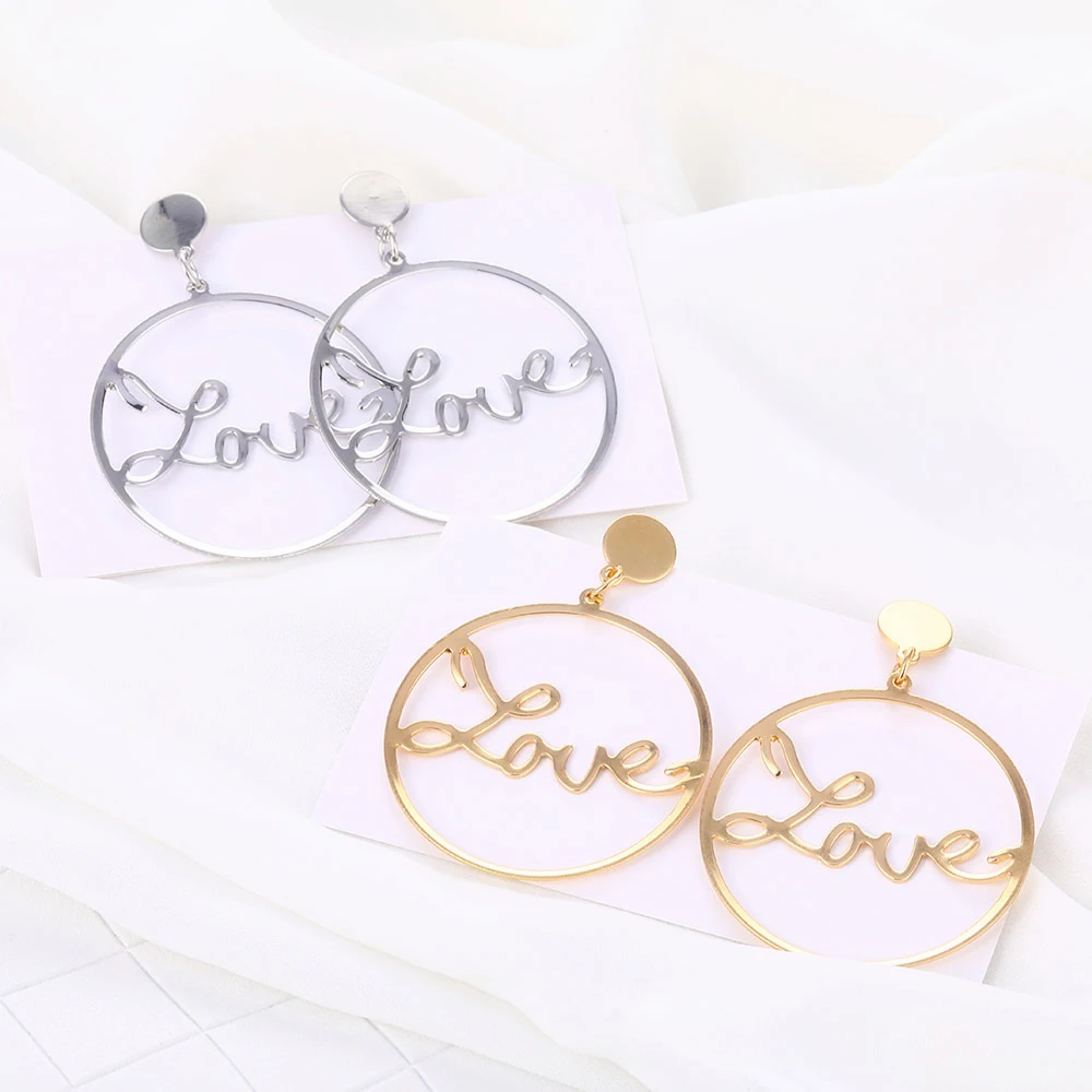 Модные большие круглые полые серьги LOVE для женщин, простые Висячие, геометрической формы, висячие серьги, женские массивные ювелирные изделия