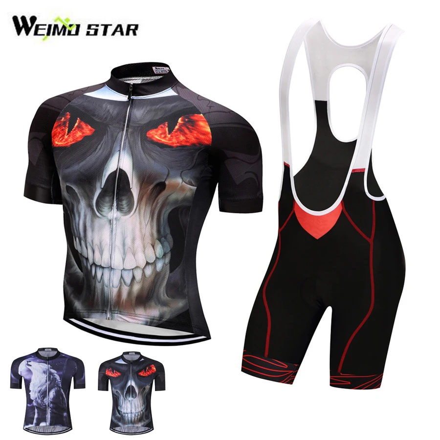 

Fire Skull Men Cycling Jersey Set Bike Short Sleeves MTB Gel Pad Shorts Pants Bicycle Shirts with three Pockets 3D Wolf Roar