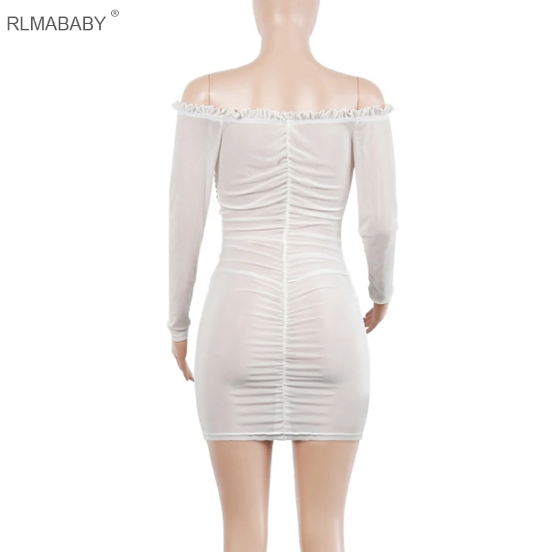 RLMABABY Ruched Бандажное платье с длинным рукавом и открытыми плечами Сетчатое на