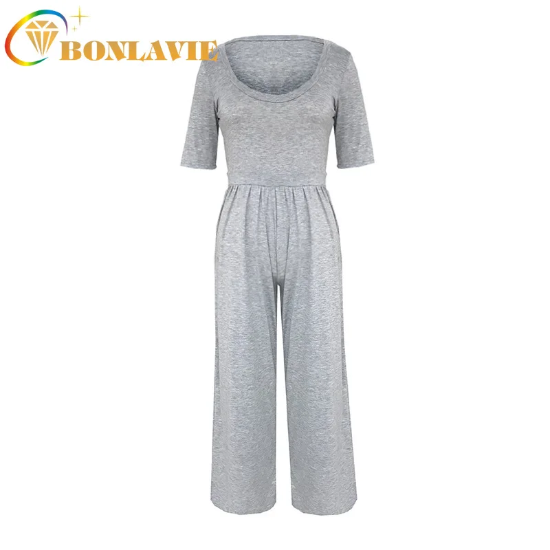 

Fashion Women Jumpsuit Spring Summer Clothes Solid Color Short Sleeve Ankle Length Long Pants Loose Type Clothing Ladies Wear