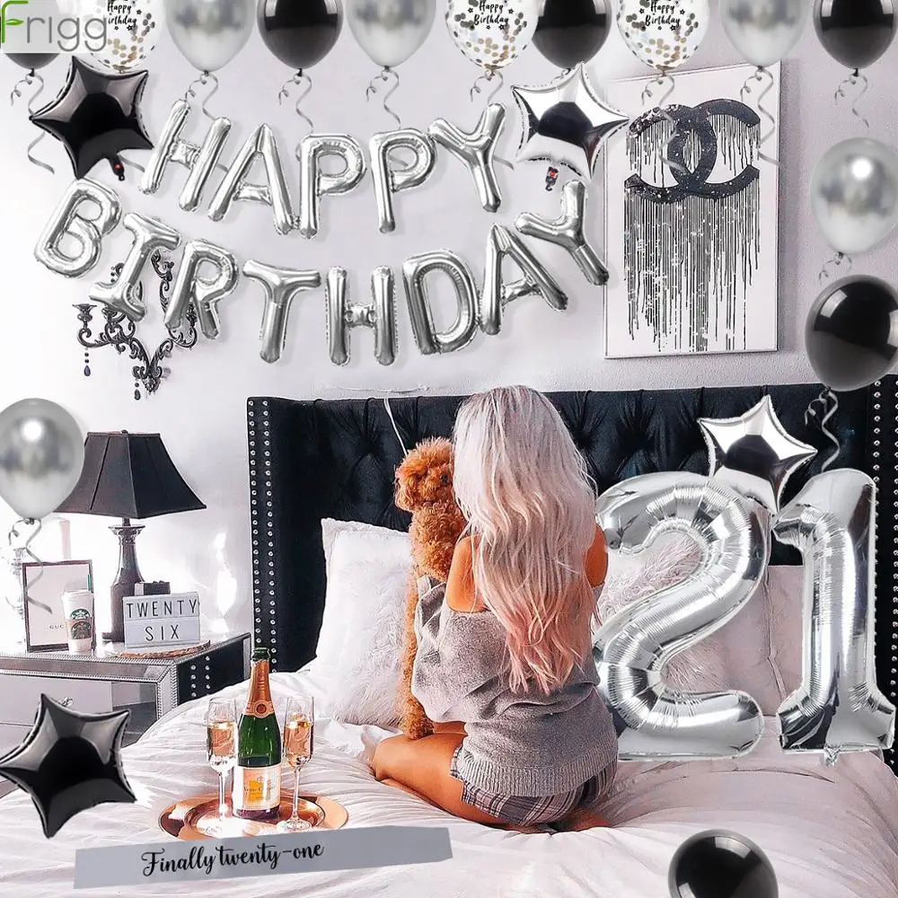 

Frigg 40Pcs Happy Birthday Balloons Silver Black Foil Balloon Adult 21th Birthday Party Decoration 21 Birthday Supplies