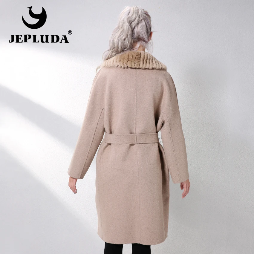 JEPLUDA New Cashmere Coat Women Genuine Rex Rabbit Fur Lapel Collar Wool long Real Leather Jacket Women|Шубы и дубленки| |