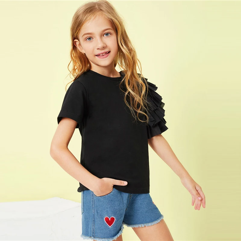 SHEIN/черная Повседневная футболка с многослойными рукавами и оборками для девочек; топы для девочек; коллекция года; сезон весна; модные элегантные футболки с короткими рукавами; футболка для девочек