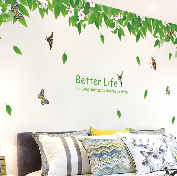 Большие настенные наклейки с зелеными листьями и цветами домашний декор