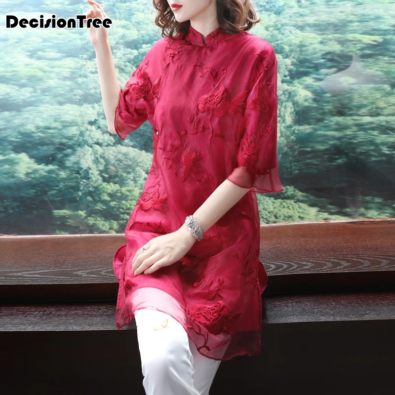 Цветочная вышивка cheongsam рубашка qipao Топ Половина рукава Китайский традиционный Топ Блузка для женщин кружевной Шелковый китайский топ