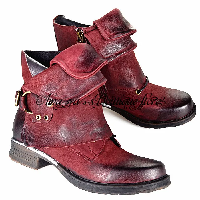 Винно красные женские ботильоны из натуральной кожи в стиле панк мотоциклетные