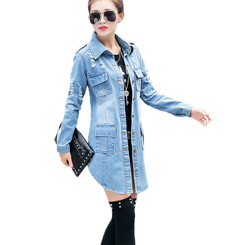

bomber Basic Women Denim Jacket 2021 spring autumn new Long Section lapel Hole Retro wear Jeans Jacket Female coat Mujer LJ243