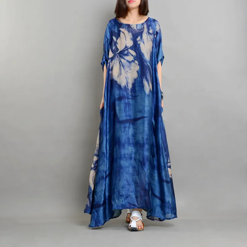 

Real Chiffon Silk Runway Dress Women Summer Vintage Loose Printed Plus Size Dresses Top Quality Half Sleeves Vestidos with Slips