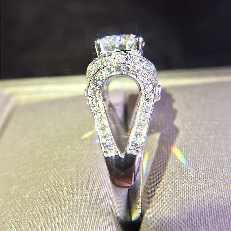 Wedding Ring Jewelry For Women DF 1CT Au750 Color Round Brilliant Cut Moissanite Halo Lab Diamond Solid 18K White Gold | Украшения и