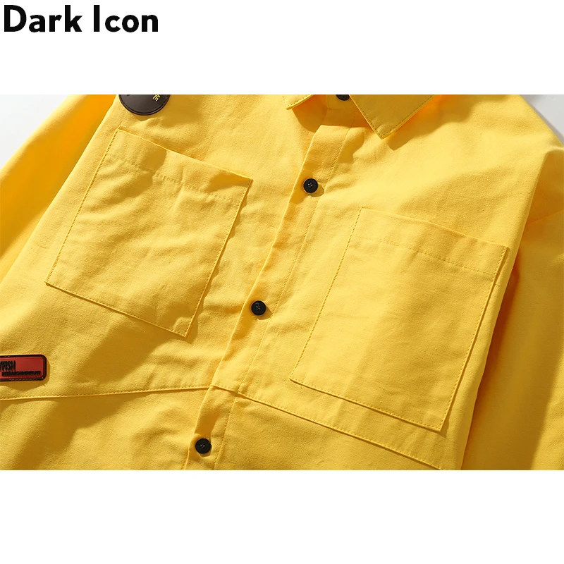 Dark Icon Letters Print Turn-down Collar Men's Shirt Long Sleeve Oversized Shirts Men Street for Yellow/Black | Мужская одежда