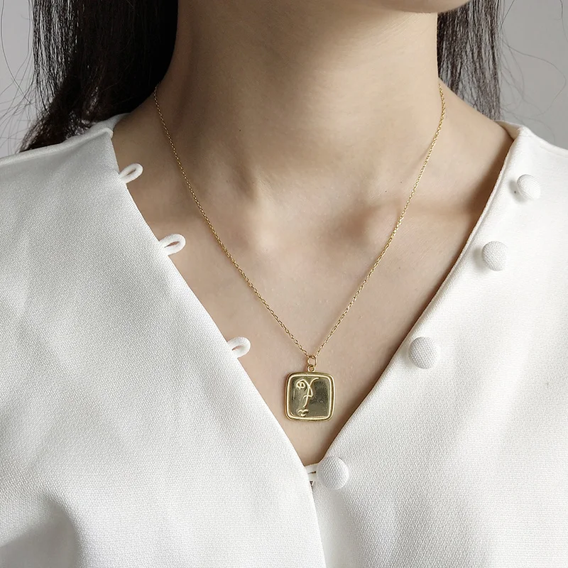 WTLTC Gold Color Artsy Abstract Face Pendant Necklaces Femme 925 Sterling Sliver Necklace Personality Custom Choker Geometrical | Украшения