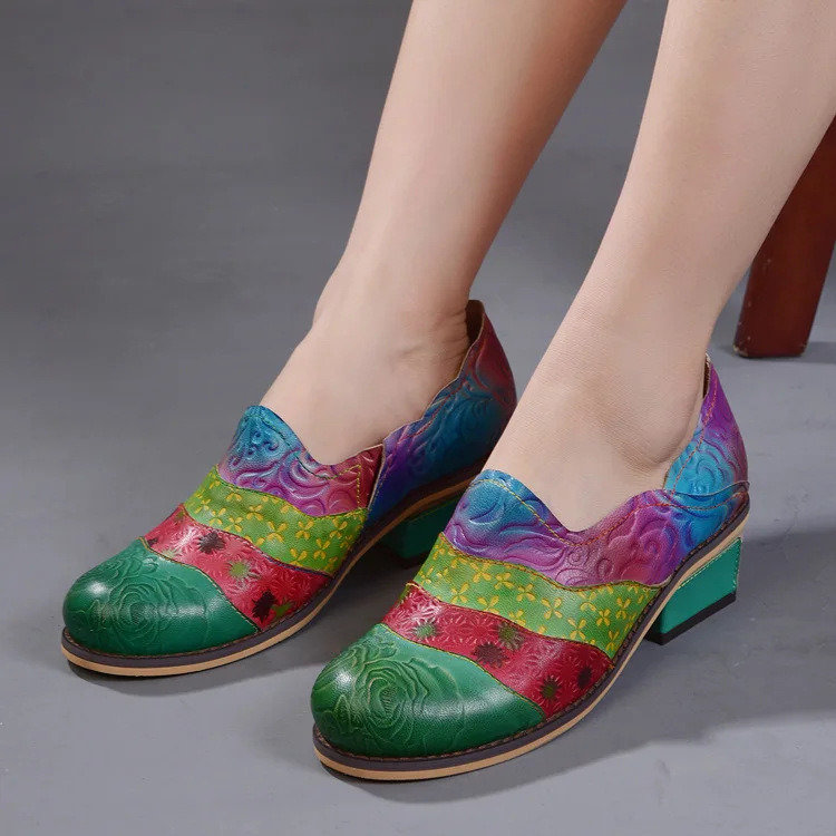 Johnature Square Heel Genuine Leather Shoes Round Toe Casual Slip-on 2019 New Autumn Retro Sewing Mixed Color Women Pumps | Обувь