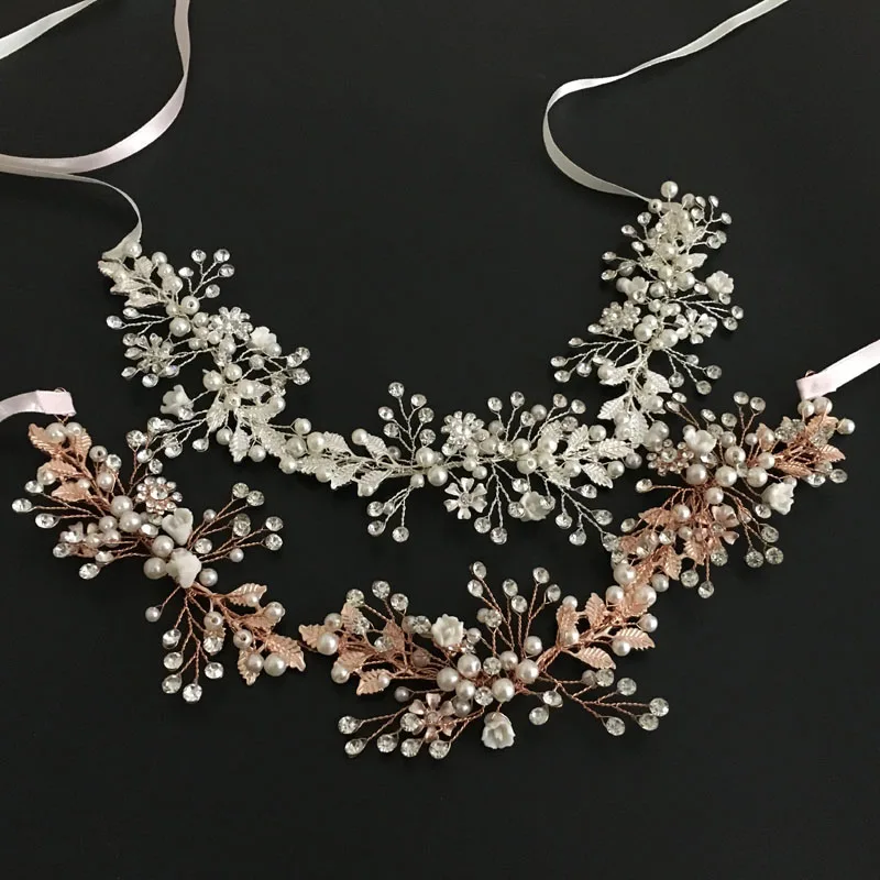 SLBRIDAL розовое золото кристаллы стразы жемчуг цветы свадебные аксессуары для