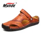 Мужские сандалии с ремешком Mynde, черные кожаные пляжные дышащие шлепанцы в римском стиле, водонепроницаемая обувь, большой размер 39-48, для лета, 2019