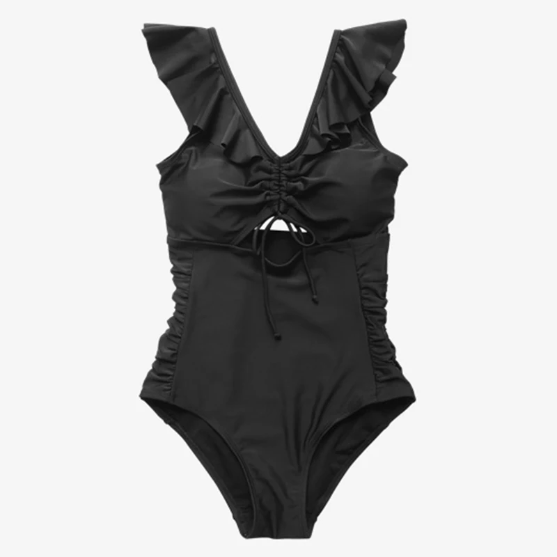 

Syswimwear Brand 2019 New Women Sexy One Pieces Swimwear Black Ruffle Pool Swimsuit Hot Girls Cute Beach Wear Bathing Suit