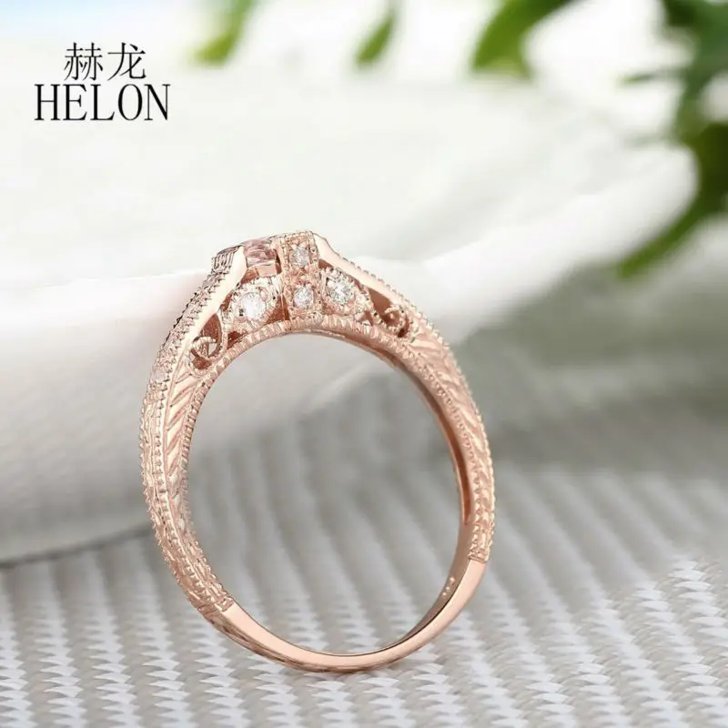 

HELON Art Deco Trendy Jewelry Solid 14K Rose Gold Round 5.5mm Morganite Engagement Wedding Ring Gemstone Natural Diamonds Ring