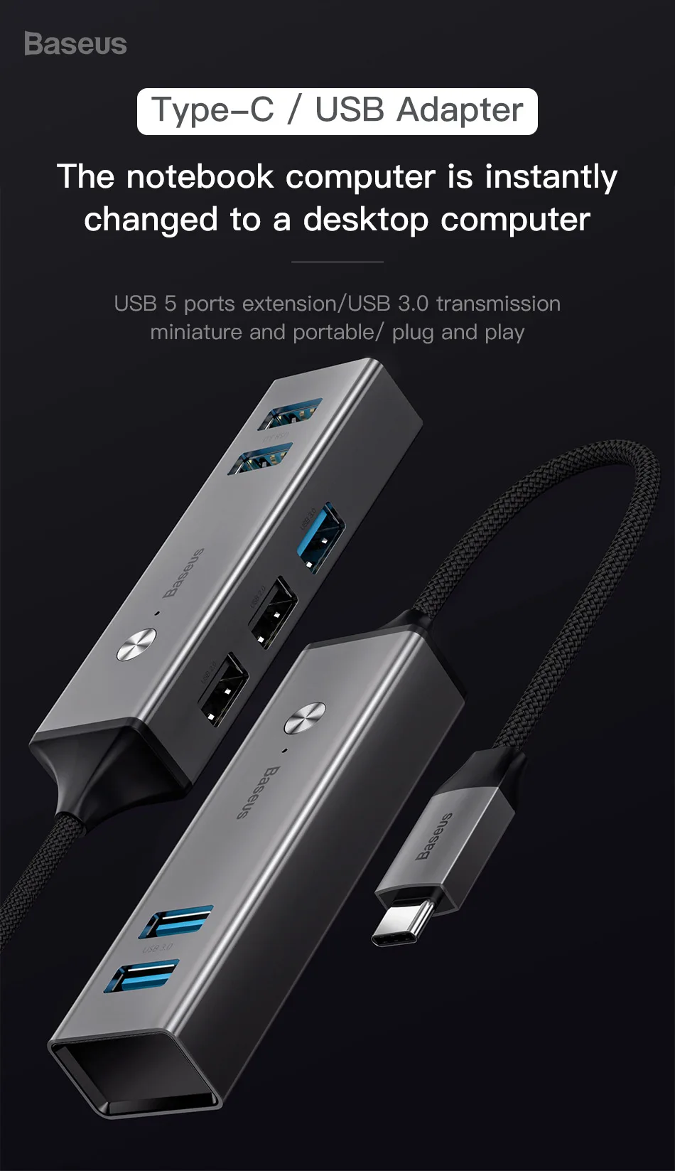 Baseus Мульти USB 3,0 2,0 USB C концентратор Тип C концентратор 5 Порты и разъёмы концентратор USB type C адаптер с индикатором светильник для Macbook Pro ноутбук компьютер