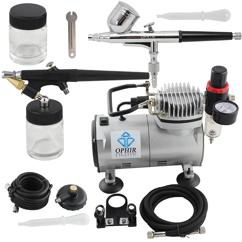 OPHIR 0.3mm 0.8mm Dual Action Airbrush Kit with PRO Air Compressor for Cake Decorating Car Paint Temporary Tattoo_AC089+004+071