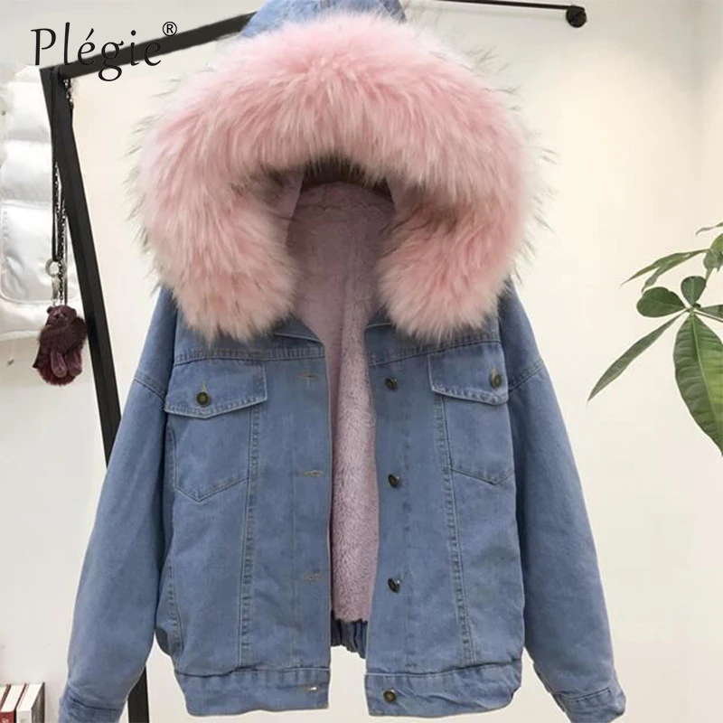 Plegie женские зимние плотные джинсы куртка искусственный меховой воротник из