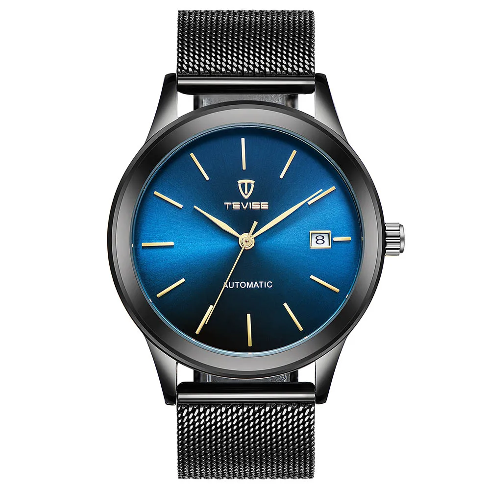 Black and Blue TEVISE автоматические механические мужские часы, мужские Роскошные водонепроницаемые сетчатые часы из нержавеющей стали, повседневные наручные часы с автоматическим заводом - Цвет: Black and Blue