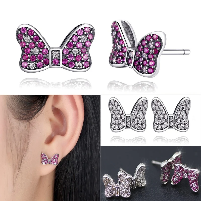 

Girls Cute Pink Crystal Minnie Bow Stud Earrings White CZ Color Earring For W