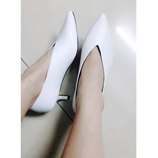 White Leather 5cm Winkle Picker Большой размер Кожаные насосы на низком каблуке тонкий подиум Размер 33 котенок суд офис обувь черный Указательный палец замша женщина средняя пятка китайская новая Весна осень мода Китай - Цвет: White Leather 5cm