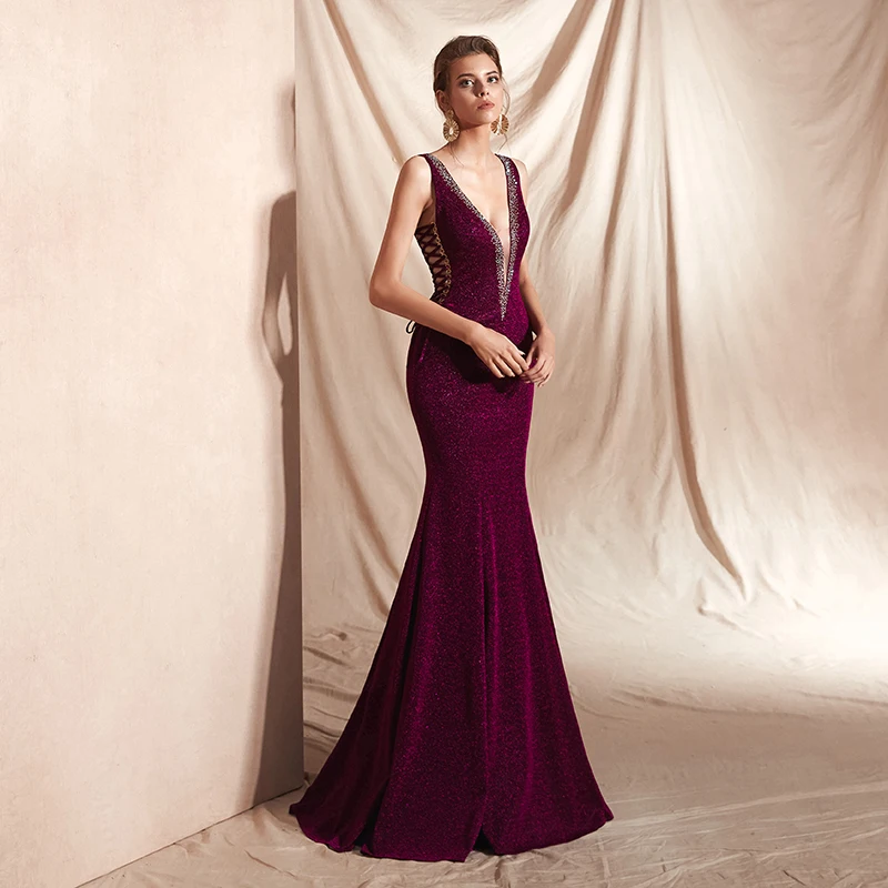Forevergracedress Burgundy Deep V Neck Evening Dresses 2019 Mermaid With Lace Up Back Formal Party Gowns Plus Size Custom Made | Свадьбы и