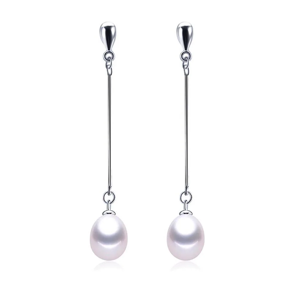 White Pearl Серьги из настоящего жемчуга для женщин, высокое качество, серебро 925 пробы, длинные серьги из пресноводного жемчуга, ювелирное изделие, Подарочная коробка E001 - Цвет камня: White Pearl