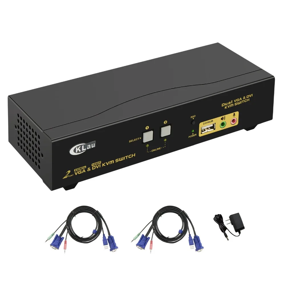 2 порта двойной монитор KVM Swith DVI VGA Расширенный дисплей поддержка 2048x1536 1080 P с USB2.0