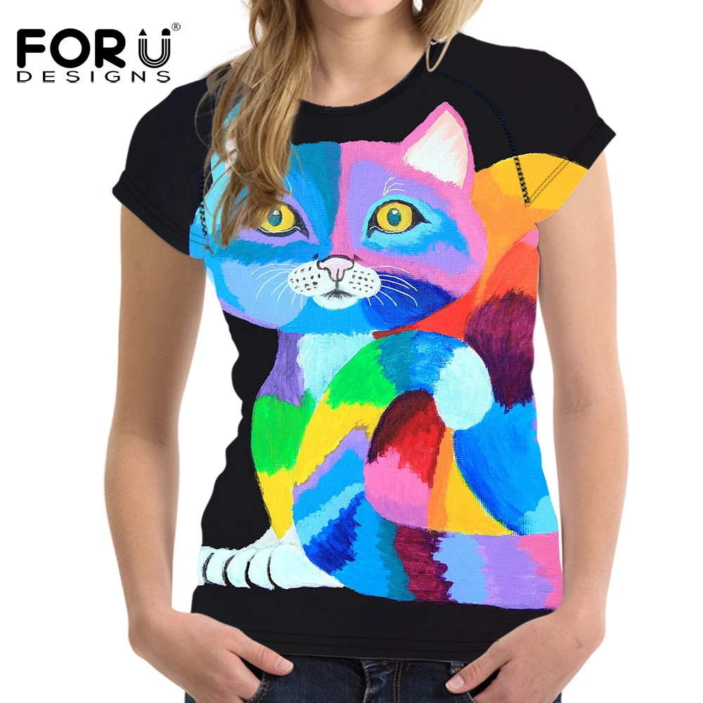FORUDESIGNS/брендовая одежда женская футболка с 3D рисунком кота 2018 летние женские