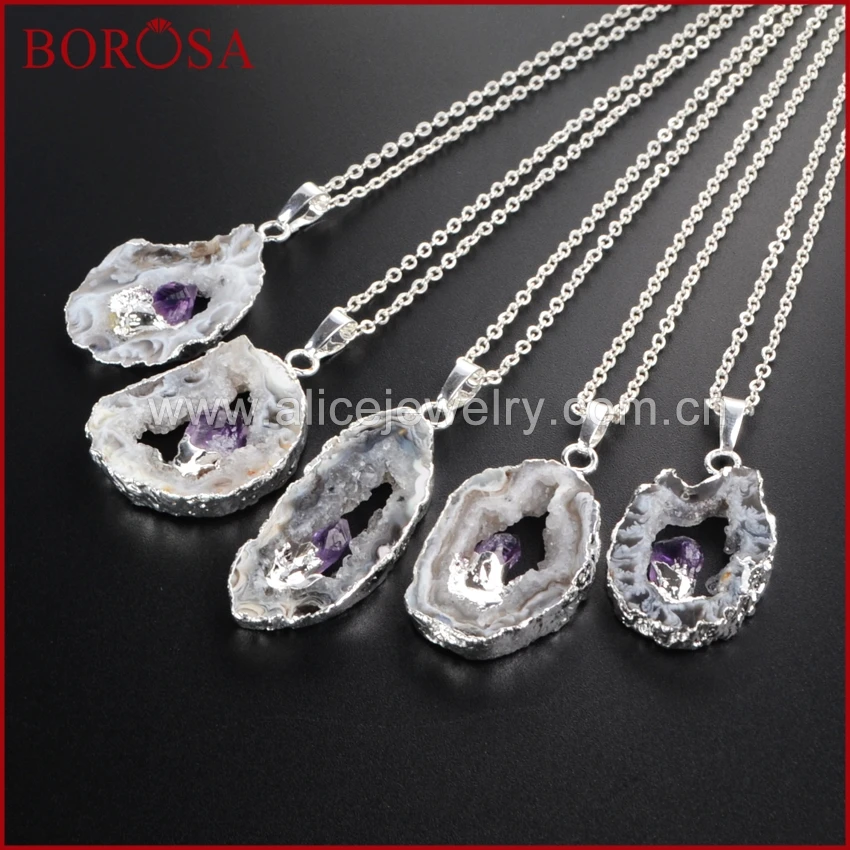 

BOROSA Silver Color Freeform Inlay Natural Onyx Druzy Crystal Purple Crystal Slice Pendant with 16inch Chains Necklace WX008-N