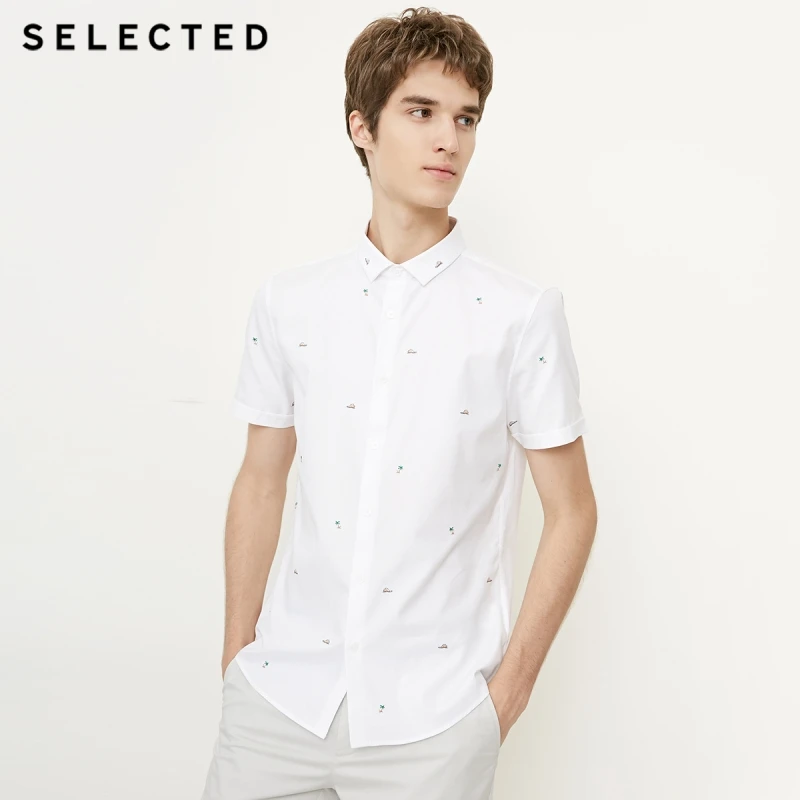 SELECTED Men's Summer 100% Cotton Embroidered Slim Fit Short-sleeved Shirt S|418204547 | Мужская одежда