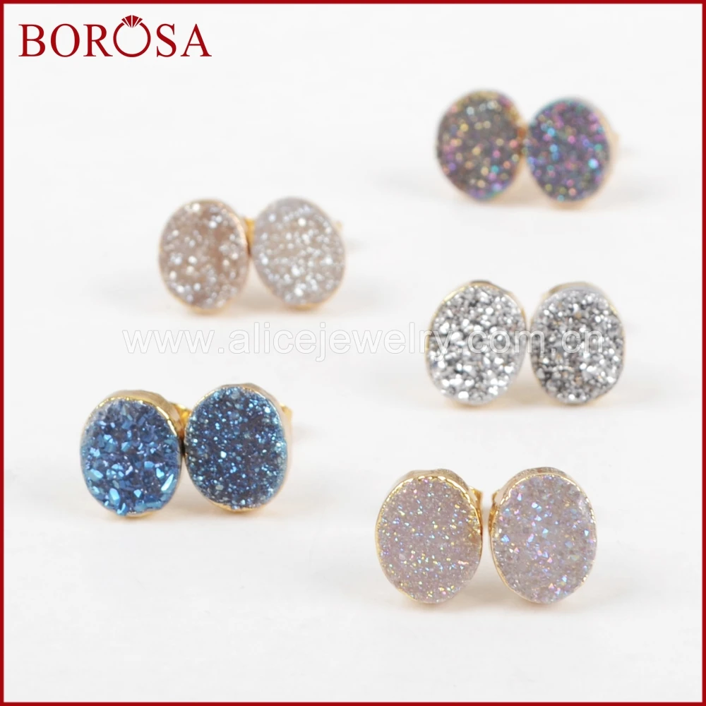 Модные серьги гвоздики BOROSA из настоящего камня овальные золотого цвета с