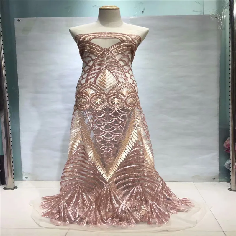 

African Lace Fabric 2018 French Sequins Net Lace Noble Peach Sequins Fabrics High Quality African Tulle Sequins Lace Fabric H981