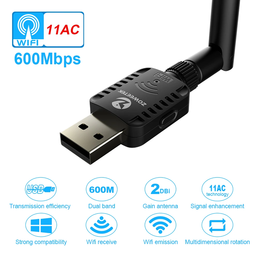 Zoweetek USB беспроводной WiFi адаптер 802.11ac антенна 5G 433 Мбит/с 2,4G 150 Мбит/с Wi-Fi двухдиапазонный LAN Ethernet приемник для ПК телефонов