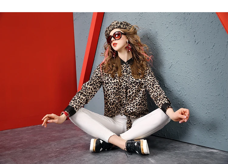 

Women Runway Print Leopard Blouse Shirts Summer Long Sleeves Turn-Down Collar Shirt Female Office Casual Loose Wear Tops Blouses