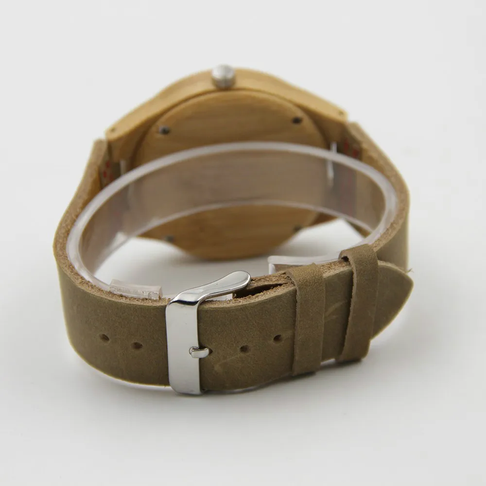 2016 модные деревянные часы из натурального бамбука с натуральной воловьей кожей