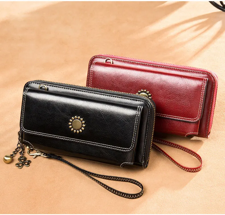 Vintage Oil Wax Leather Women Wallets Long Zippers Purse Genuine Leather Wallet Female Clutch Multifunction Big Capacity Wallet