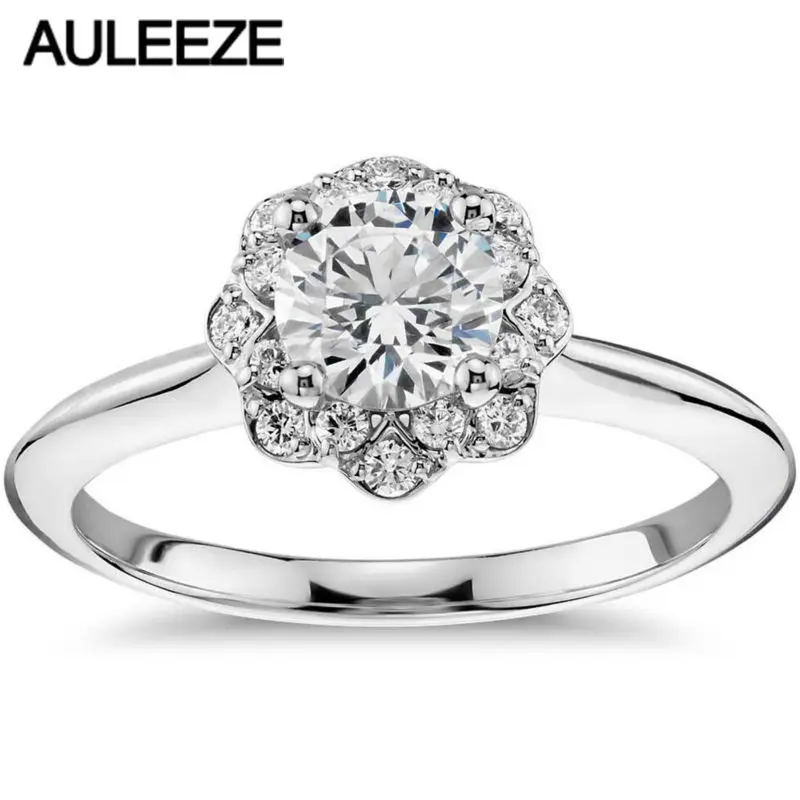 

1CT Round Cut Lab Grown Diamond Wedding Ring Solid 14K White Gold Floral Halo Moissanites Anniversary Engagement Ring For Women