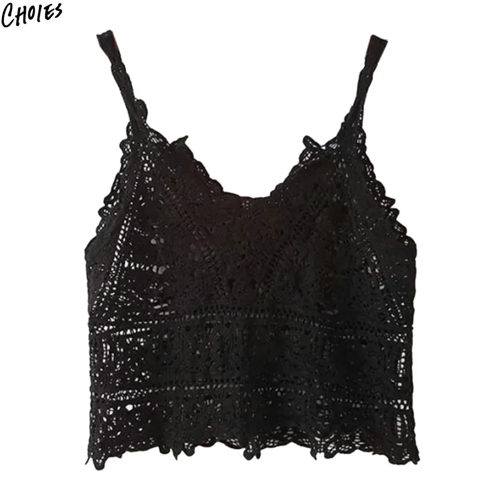 3 цвета кроше кружева Обрезанные камзол 2017 Лето V шеи выдалбливают без рукавов