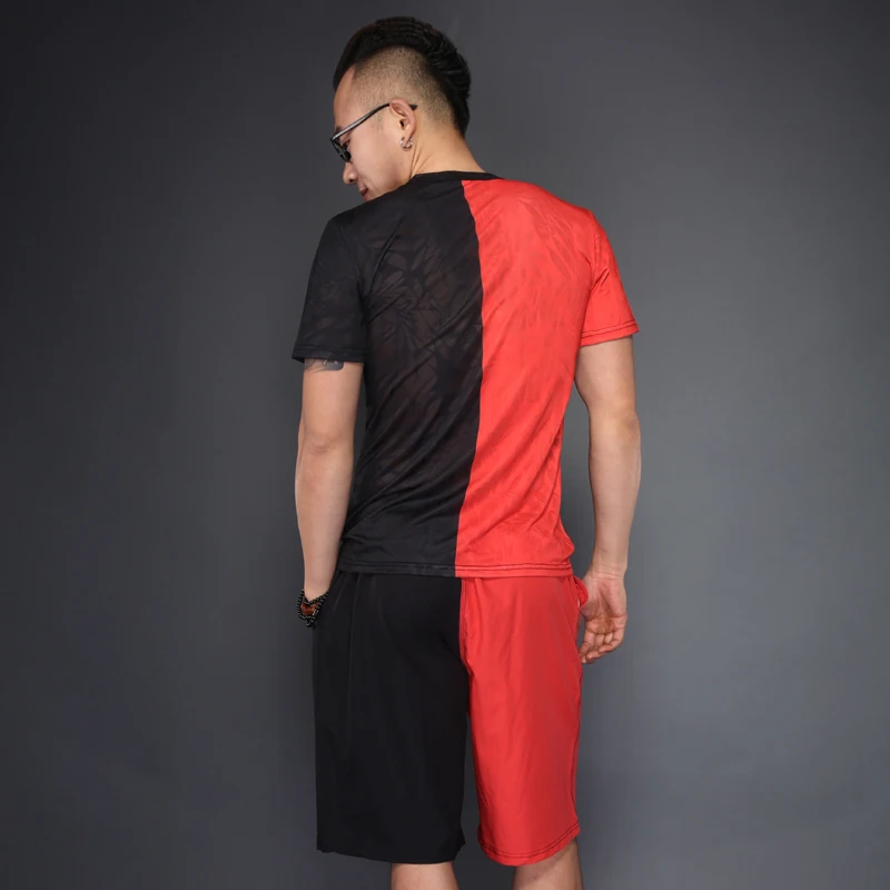 

Dinosaur pattern black&red mixed color printing t shirt and shorts suit Summer 2018 New hollow breathable quality mens short set