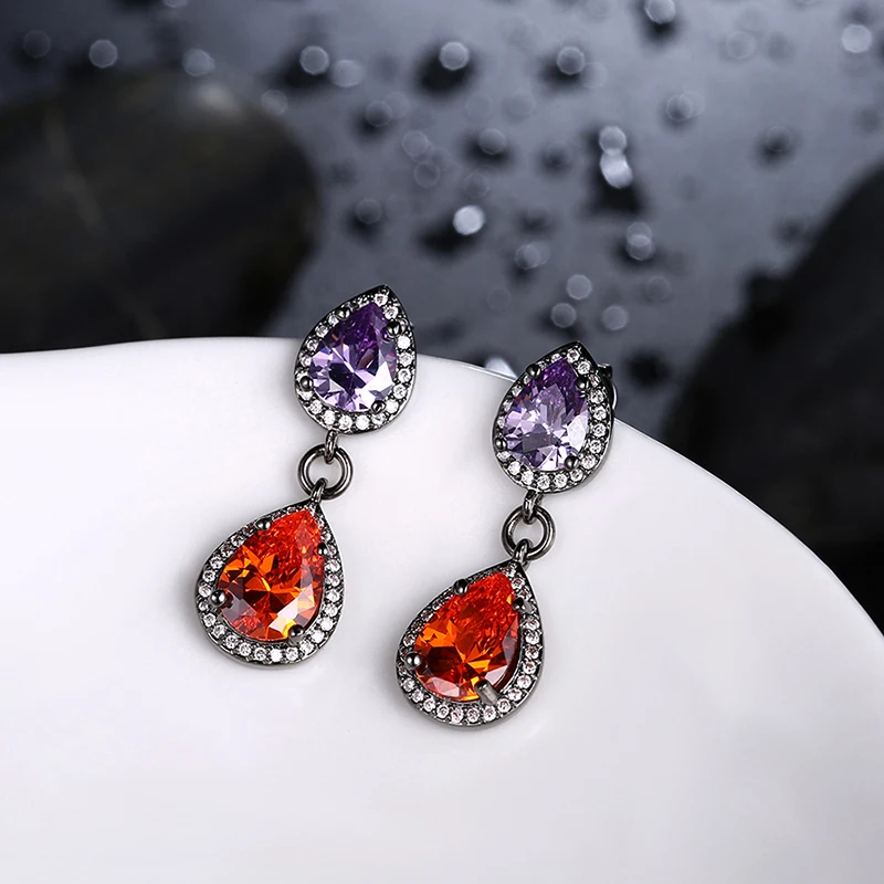 Женские серьги с двойными каплями блестящие черным золотом фиолетовым и красным