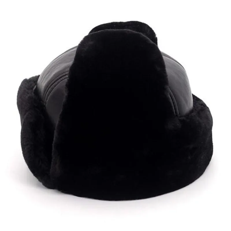 Genuine Leather Bomber Hat Middle Elderly Men Winter Thicken Plus Velvet Warm Cap Sheepskin Fashion Outdoor Male Black Hats H263