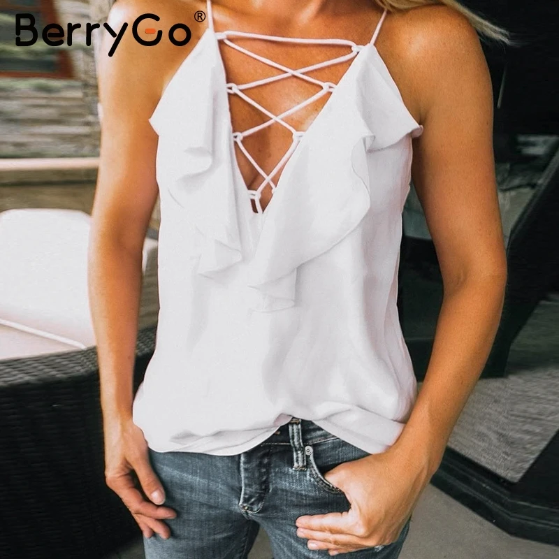 BerryGo Повседневное на шнуровке рюшами осень cami top Для женщин пикантные корсет