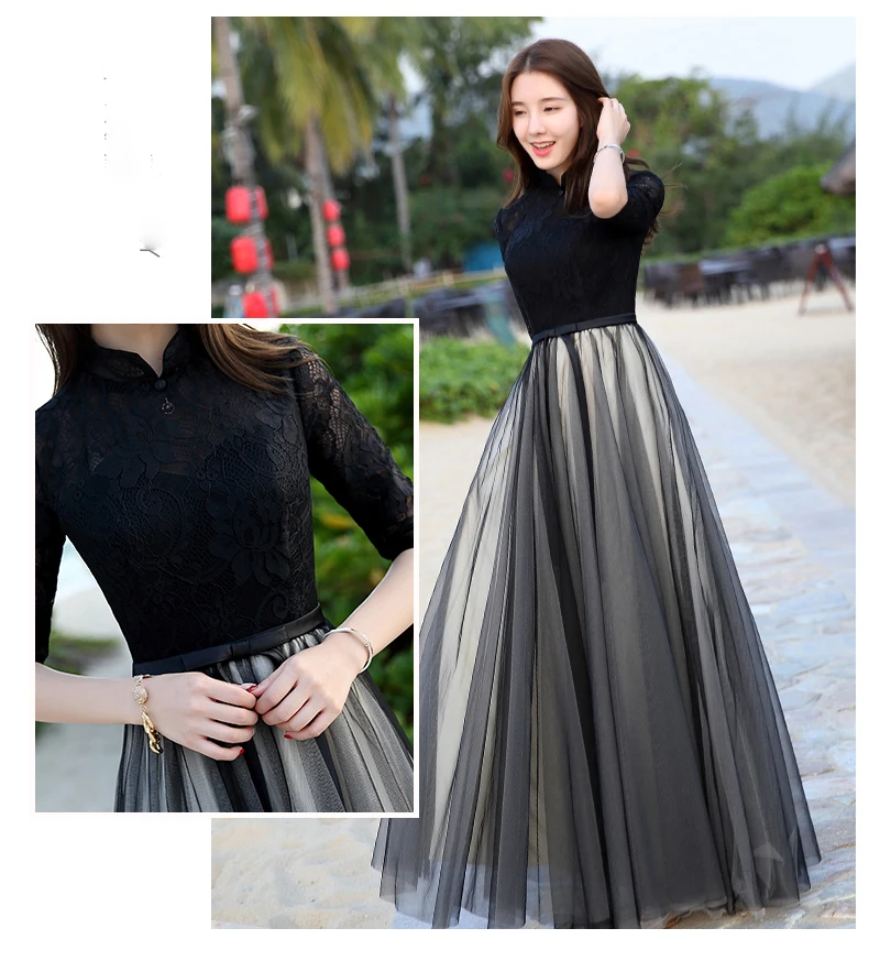 Черный Длинные Кружева Вечерние Платья A-Line Молния Пром Ручной Работы 2017 Сшитое